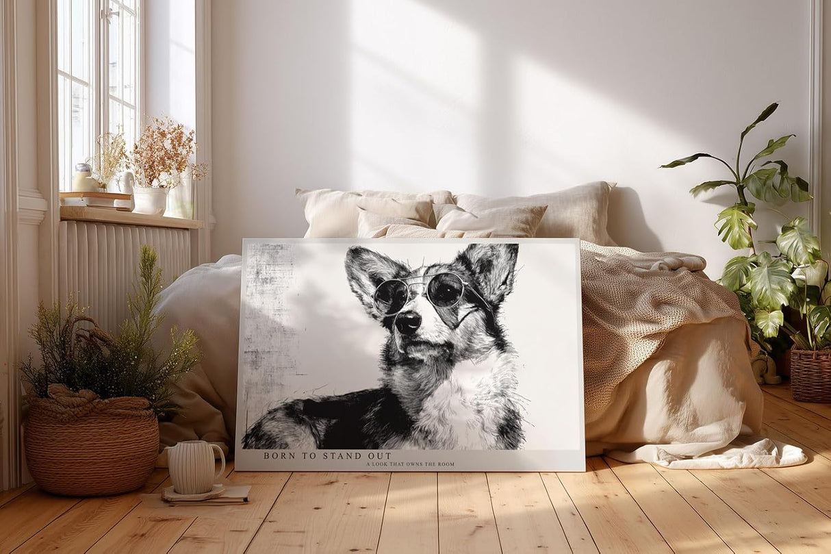 Paul Sinus Wandbild 120x80cm Hund mit Sonnenbrille moderne Tier Illustration schwarz weiss stilvolle Wanddekoration fuer Wohnzimmer Büro