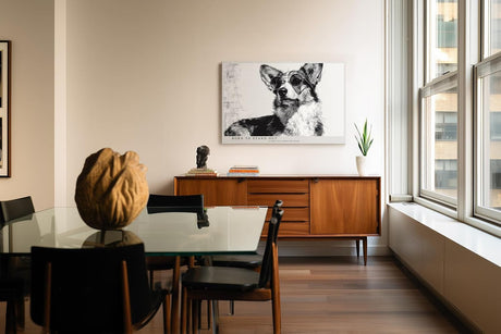 Paul Sinus Wandbild 120x80cm Hund mit Sonnenbrille moderne Tier Illustration schwarz weiss stilvolle Wanddekoration fuer Wohnzimmer Büro