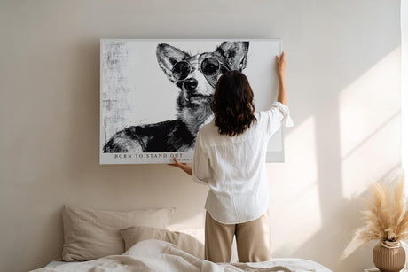 Paul Sinus Wandbild 120x80cm Hund mit Sonnenbrille moderne Tier Illustration schwarz weiss stilvolle Wanddekoration fuer Wohnzimmer Büro
