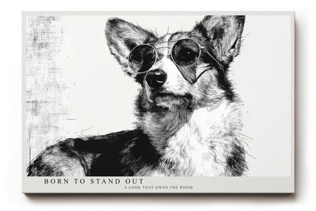 Paul Sinus Wandbild 120x80cm Hund mit Sonnenbrille moderne Tier Illustration schwarz weiss stilvolle Wanddekoration fuer Wohnzimmer Büro