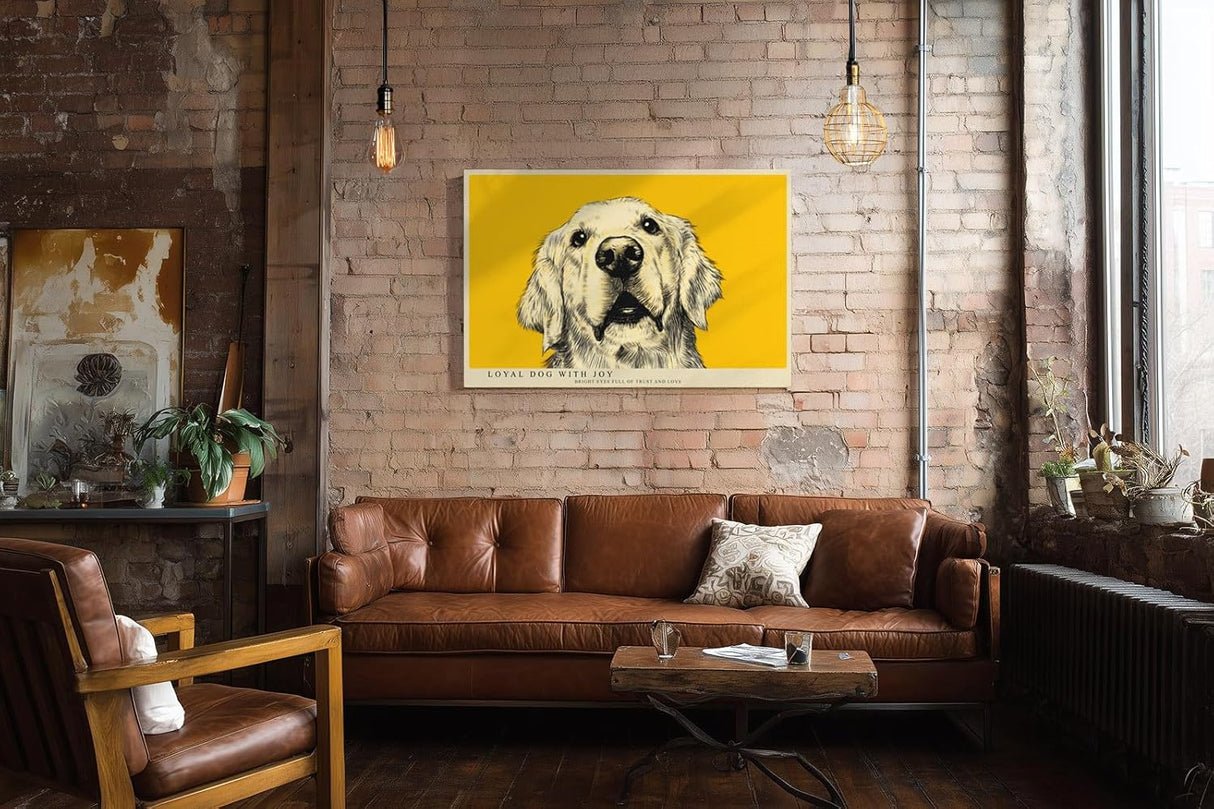 Paul Sinus Wandbild 120x80cm Hund Portrait moderne Tierillustration gelber Hintergrund Kunstdruck stilvolle Wanddekoration fuer Wohnzimmer Flur Büro Tierliebhaber
