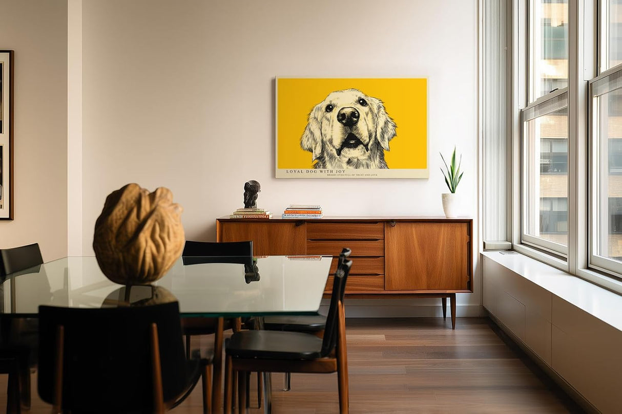 Paul Sinus Wandbild 120x80cm Hund Portrait moderne Tierillustration gelber Hintergrund Kunstdruck stilvolle Wanddekoration fuer Wohnzimmer Flur Büro Tierliebhaber