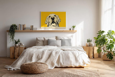 Paul Sinus Wandbild 120x80cm Hund Portrait moderne Tierillustration gelber Hintergrund Kunstdruck stilvolle Wanddekoration fuer Wohnzimmer Flur Büro Tierliebhaber