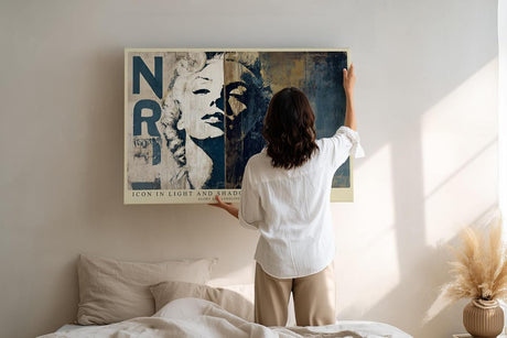 Paul Sinus Wandbild 120x80cm Ikonisches Frauenportrait im Vintage Stil Abstrakte Pop Art in Blau Beige Moderne Wanddekoration