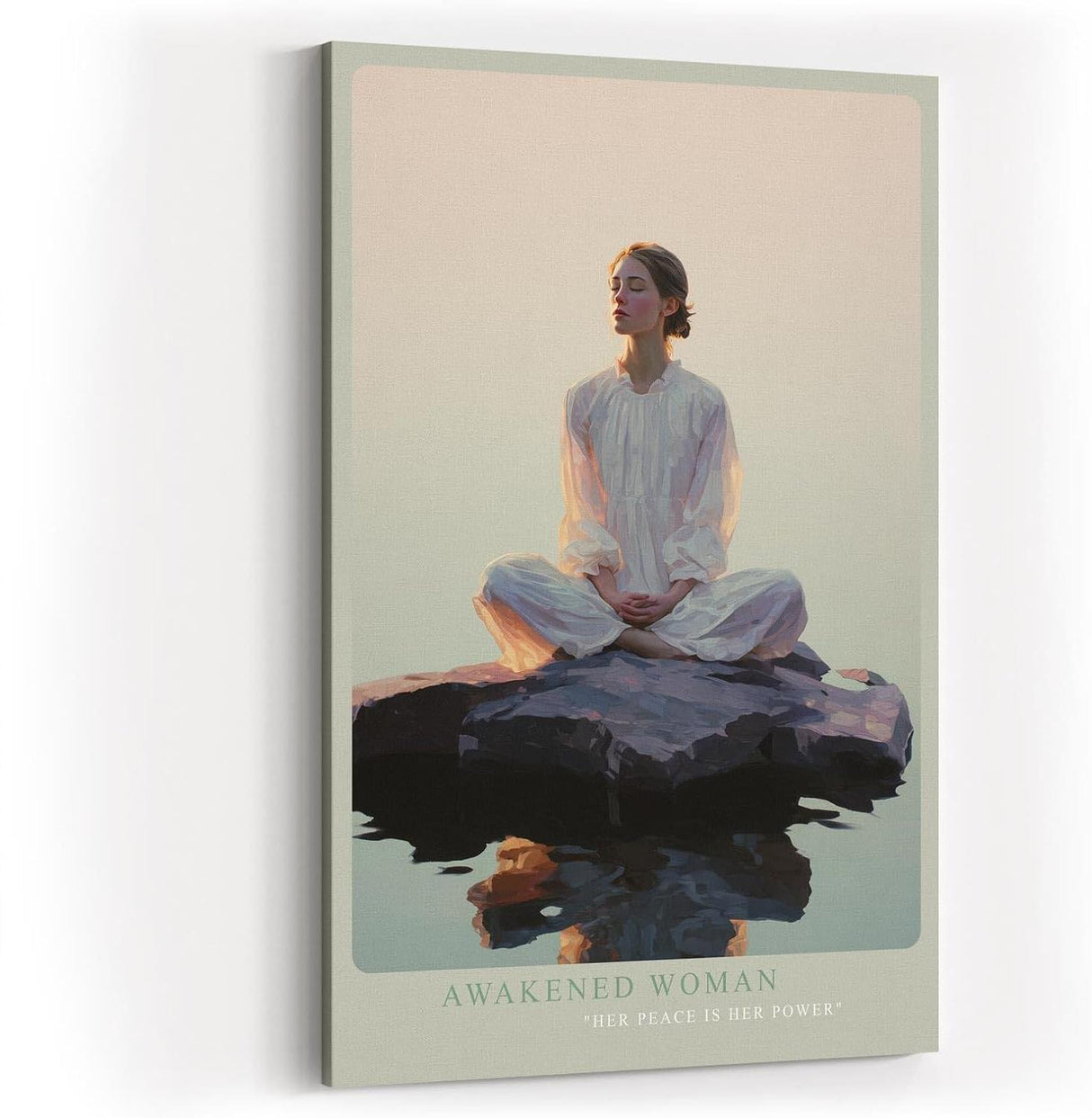 Paul Sinus Wandbild in 60x90cm Awakened Woman – Meditatives Porträt einer Frau im weißen Kleid, sitzend auf einem Felsen im Wasser bei Sonnenaufgang, moderne Bilder in sanften Farbtönen