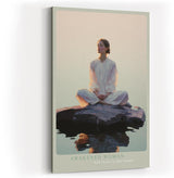 Paul Sinus Wandbild in 60x90cm Awakened Woman – Meditatives Porträt einer Frau im weißen Kleid, sitzend auf einem Felsen im Wasser bei Sonnenaufgang, moderne Bilder in sanften Farbtönen