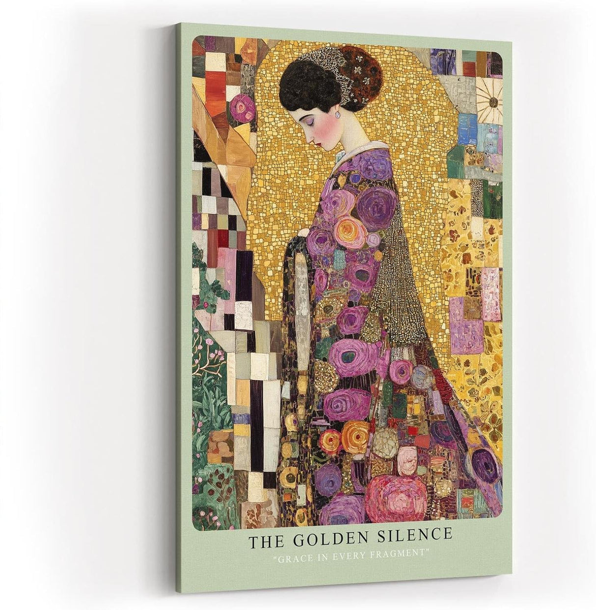 Paul Sinus Wandbild in 80x120cm The Golden Silence – kunstvolles Porträt im goldenen Mosaikstil mit floralen Ornamenten für stilvolle Raumgestaltung