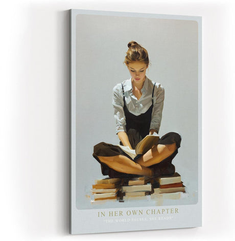 Paul Sinus Wandbild in 40x60cm In Her Own Chapter – Ausdrucksstarkes Porträt einer jungen Frau, auf Bücherstapeln sitzend und lesend, moderne Bilder mit klaren Linien und warmen Akzenten