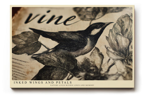 Paul Sinus Wandbild 120x80cm Inked Wings and Petals Vintage Vogel Illustration mit Blumen Natur Kunst Poster für Wohnzimmer Büro