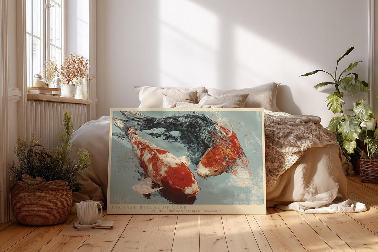 Paul Sinus Wandbild 120x80cm Inkwash Ritual of Carp Japanische Koi Fische Abstrakte Tusche Kunst fuer Wohnzimmer Schlafzimmer und Büro