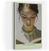 Paul Sinus Wandbild in 40x60cm Into the Pages – Lichtdurchflutetes Porträt einer jungen Frau, vertieft in ein Buch, zeitgenössische Bilder mit sanfter Farbgebung, inspirierend und harmonisch