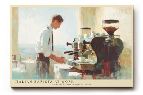 Paul Sinus Wandbild 120x80cm Italian Barista at Work Kaffee Szene Barista mit Espressomaschine stilvolle Café Kunst Poster für Küche Wohnzimmer Café Bar