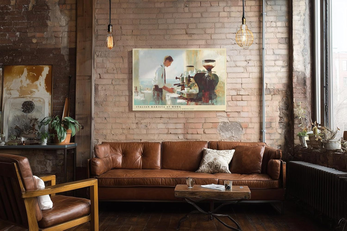 Paul Sinus Wandbild 120x80cm Italian Barista at Work Kaffee Szene Barista mit Espressomaschine stilvolle Café Kunst Poster für Küche Wohnzimmer Café Bar