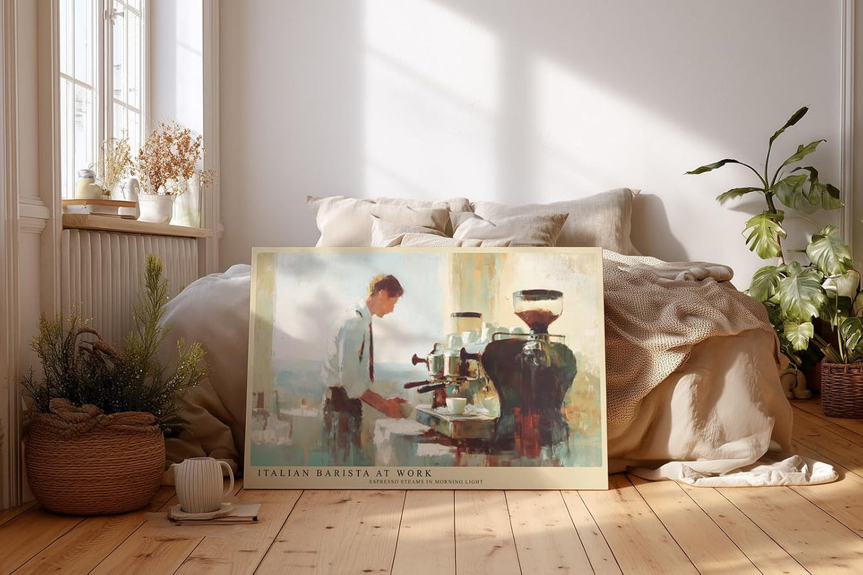 Paul Sinus Wandbild 120x80cm Italian Barista at Work Kaffee Szene Barista mit Espressomaschine stilvolle Café Kunst Poster für Küche Wohnzimmer Café Bar