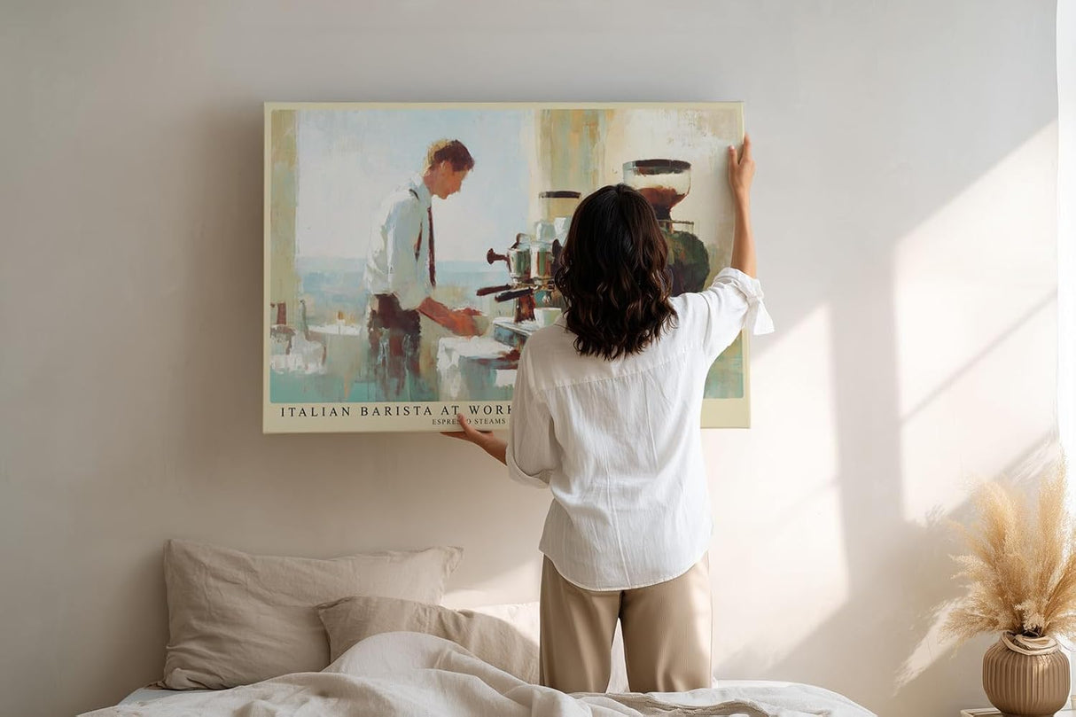 Paul Sinus Wandbild 120x80cm Italian Barista at Work Kaffee Szene Barista mit Espressomaschine stilvolle Café Kunst Poster für Küche Wohnzimmer Café Bar