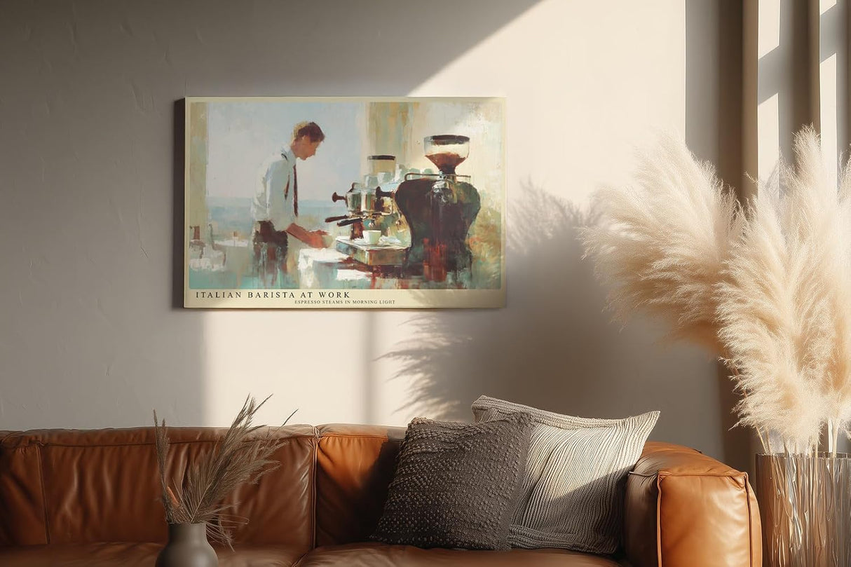 Paul Sinus Wandbild 120x80cm Italian Barista at Work Kaffee Szene Barista mit Espressomaschine stilvolle Café Kunst Poster für Küche Wohnzimmer Café Bar