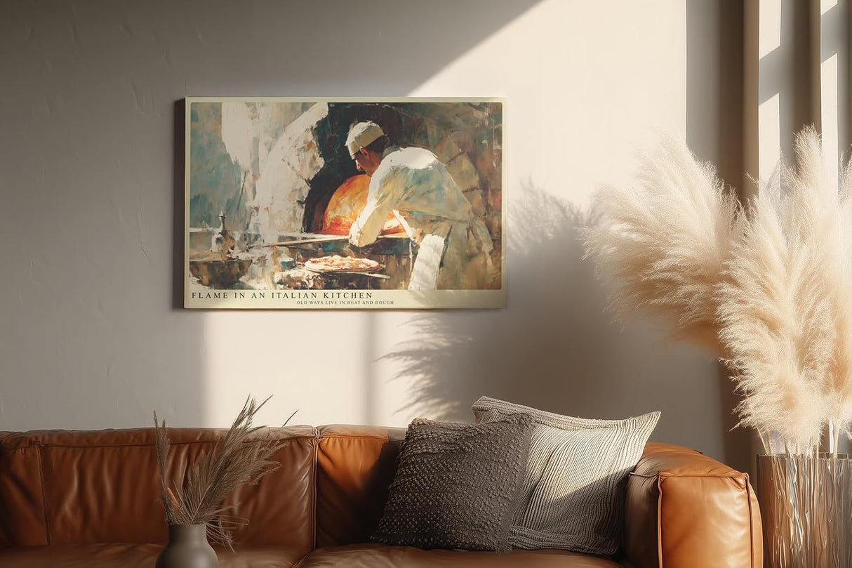 Paul Sinus Wandbild 120x80cm Italienischer Pizzabäcker Szene Küche Kunst in Warmen Farben für Wohnzimmer Küche Café und Restaurant