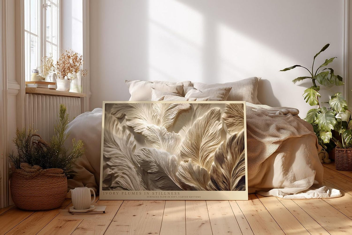Paul Sinus Wandbild 120x80cm Ivory Plumes in Stillness Abstrakte Federstruktur in Beige Moderner Natur Kunststil fuer Wohnzimmer Schlafzimmer und Büro