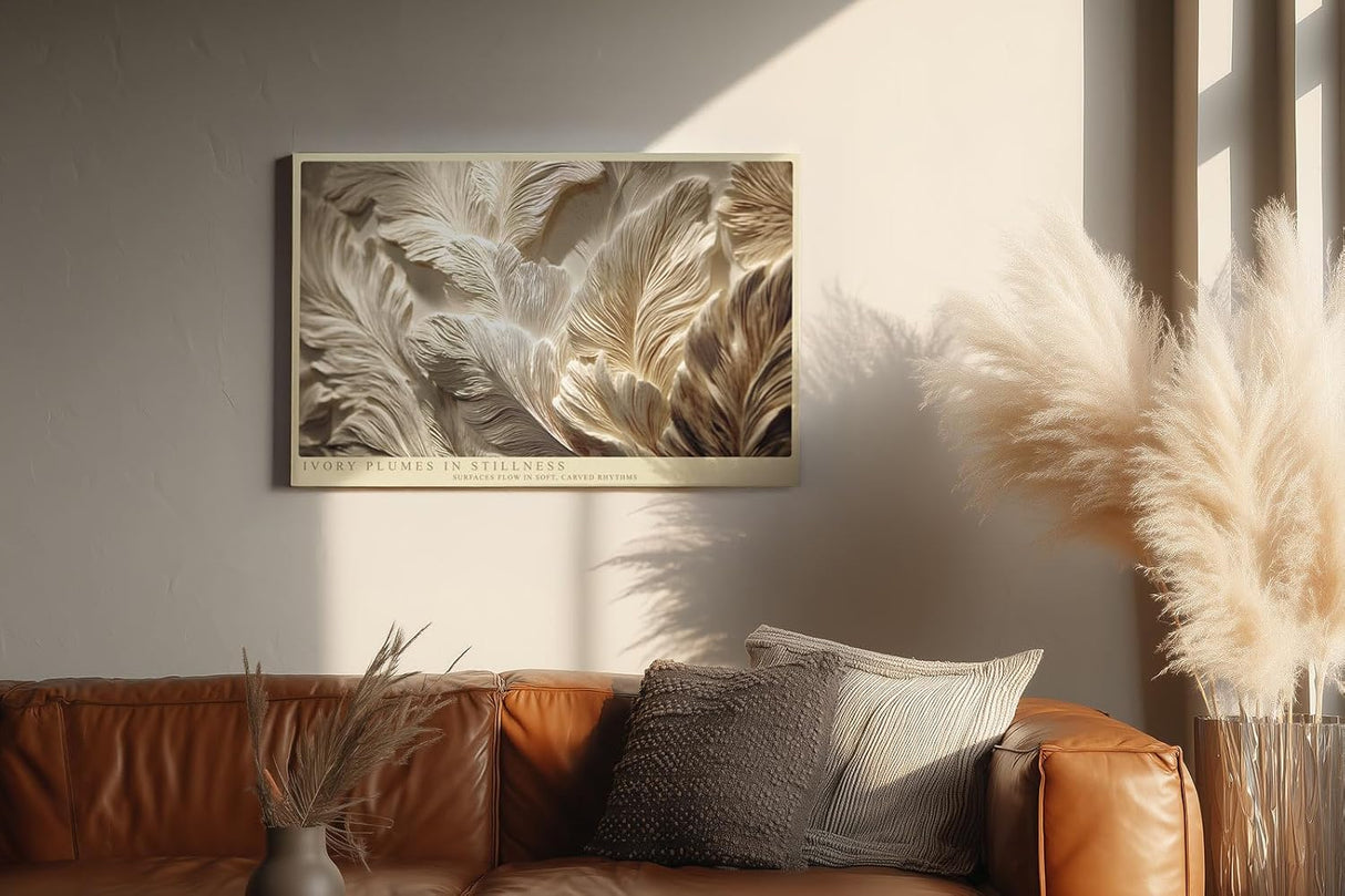 Paul Sinus Wandbild 120x80cm Ivory Plumes in Stillness Abstrakte Federstruktur in Beige Moderner Natur Kunststil fuer Wohnzimmer Schlafzimmer und Büro