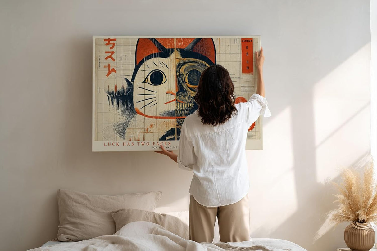 Paul Sinus Wandbild 120x80cm japanische Glueckskatze modern halb Katze halb Skelett abstrakte Illustration rot beige asiatische Kunst Leinwand Wanddekoration fuer Wohnzimmer Büro