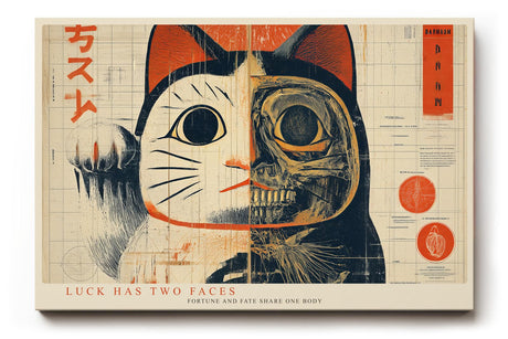 Paul Sinus Wandbild 120x80cm japanische Glueckskatze modern halb Katze halb Skelett abstrakte Illustration rot beige asiatische Kunst Leinwand Wanddekoration fuer Wohnzimmer Büro