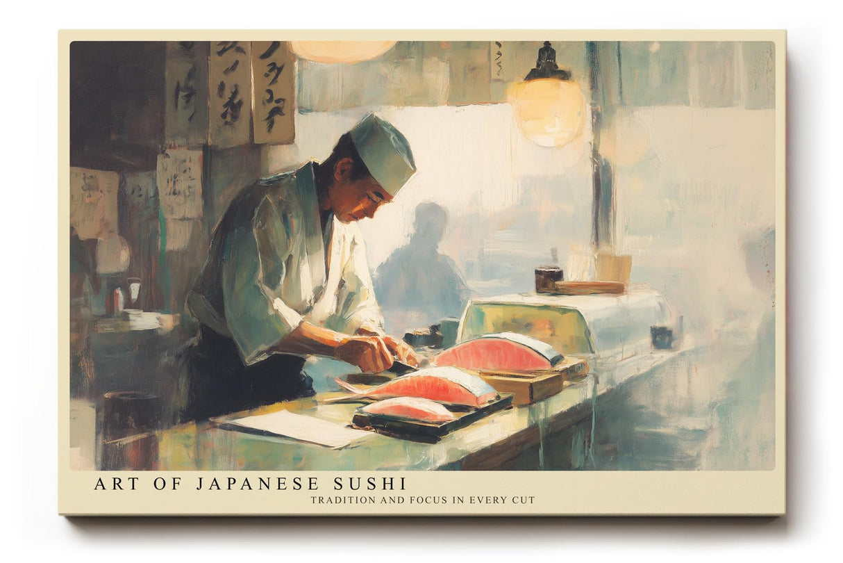 Paul Sinus Wandbild 120x80cm Japanischer Sushi Meister Küche Kunst in Warmem Licht für Küche Esszimmer Restaurant und Bar
