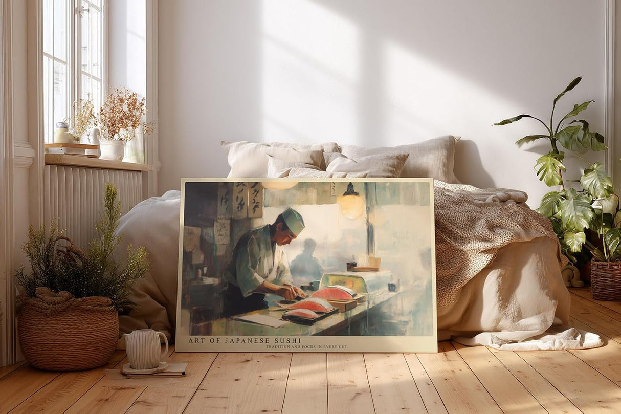 Paul Sinus Wandbild 120x80cm Japanischer Sushi Meister Küche Kunst in Warmem Licht für Küche Esszimmer Restaurant und Bar