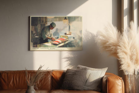 Paul Sinus Wandbild 120x80cm Japanischer Sushi Meister Küche Kunst in Warmem Licht für Küche Esszimmer Restaurant und Bar