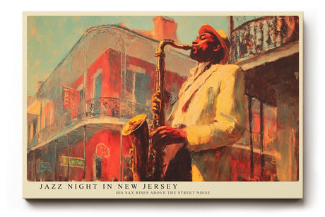 Paul Sinus Wandbild 120x80cm Jazz Musiker Saxophon Szene Vintage Musik Kunst in Rot Gold für Wohnzimmer Bar und Büro