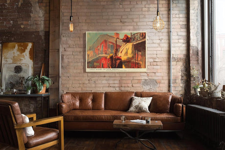 Paul Sinus Wandbild 120x80cm Jazz Musiker Saxophon Szene Vintage Musik Kunst in Rot Gold für Wohnzimmer Bar und Büro