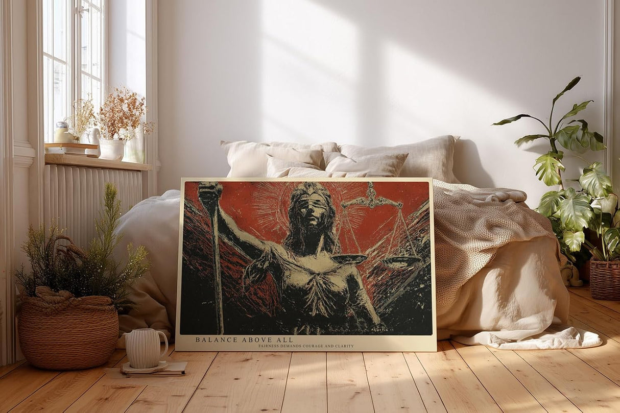 Paul Sinus Wandbild 120x80cm Justitia Statue Symbol der Gerechtigkeit klassische Skulptur Kunst rot schwarz Kontrast modernes Juristen Wandbild 120x80cm Dekoration fuer Büro Kanzlei Wohnzimmer