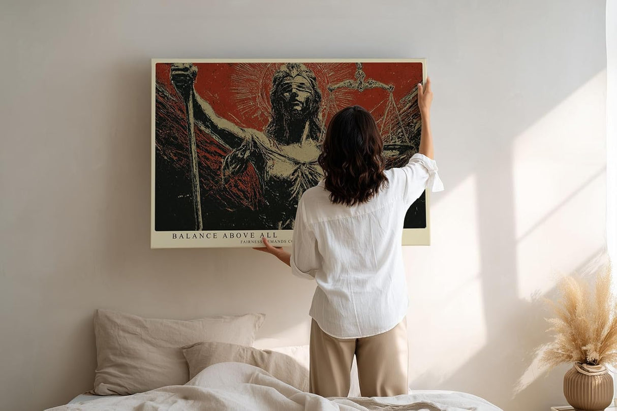 Paul Sinus Wandbild 120x80cm Justitia Statue Symbol der Gerechtigkeit klassische Skulptur Kunst rot schwarz Kontrast modernes Juristen Wandbild 120x80cm Dekoration fuer Büro Kanzlei Wohnzimmer