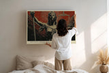 Paul Sinus Wandbild 120x80cm Justitia Statue Symbol der Gerechtigkeit klassische Skulptur Kunst rot schwarz Kontrast modernes Juristen Wandbild 120x80cm Dekoration fuer Büro Kanzlei Wohnzimmer