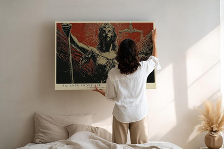 Paul Sinus Wandbild 120x80cm Justitia Statue Symbol der Gerechtigkeit klassische Skulptur Kunst rot schwarz Kontrast modernes Juristen Wandbild 120x80cm Dekoration fuer Büro Kanzlei Wohnzimmer