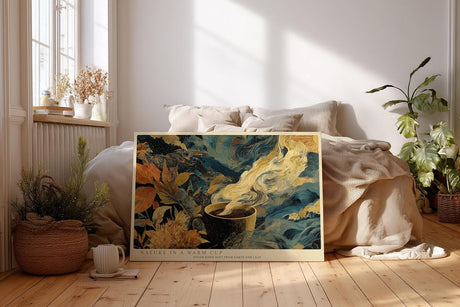 Paul Sinus Wandbild 120x80cm Kaffee Natur Illustration Moderne Kunst in Blau Gold und Braun für Wohnzimmer Küche und Büro