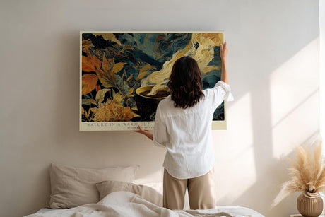 Paul Sinus Wandbild 120x80cm Kaffee Natur Illustration Moderne Kunst in Blau Gold und Braun für Wohnzimmer Küche und Büro