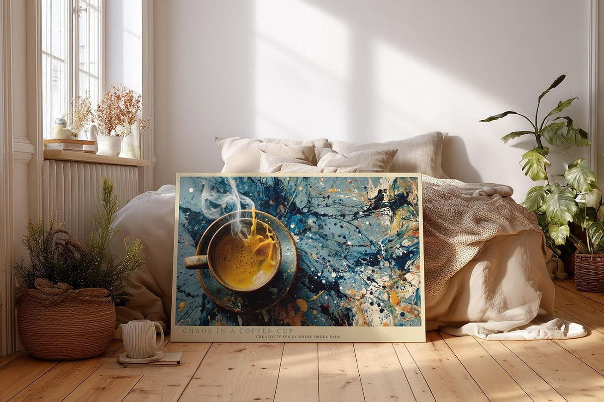 Paul Sinus Wandbild 120x80cm Kaffee Tasse Abstrakte Kunst Modernes Stillleben mit Farbspritzern und kreativer Dynamik