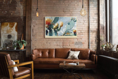 Paul Sinus Wandbild 120x80cm Kaktus Bluete Wuestenpflanze moderne Naturmalerei blau gruene Toene florale Kunst Wanddekoration fuer Wohnzimmer Büro