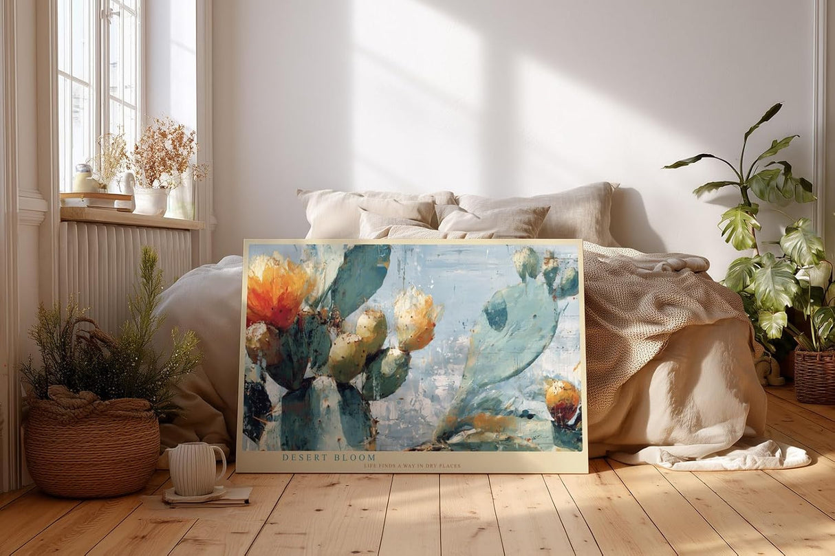 Paul Sinus Wandbild 120x80cm Kaktus Bluete Wuestenpflanze moderne Naturmalerei blau gruene Toene florale Kunst Wanddekoration fuer Wohnzimmer Büro