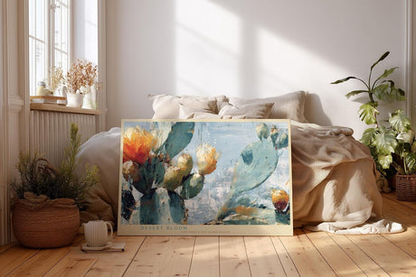 Paul Sinus Wandbild 120x80cm Kaktus Bluete Wuestenpflanze moderne Naturmalerei blau gruene Toene florale Kunst Wanddekoration fuer Wohnzimmer Büro