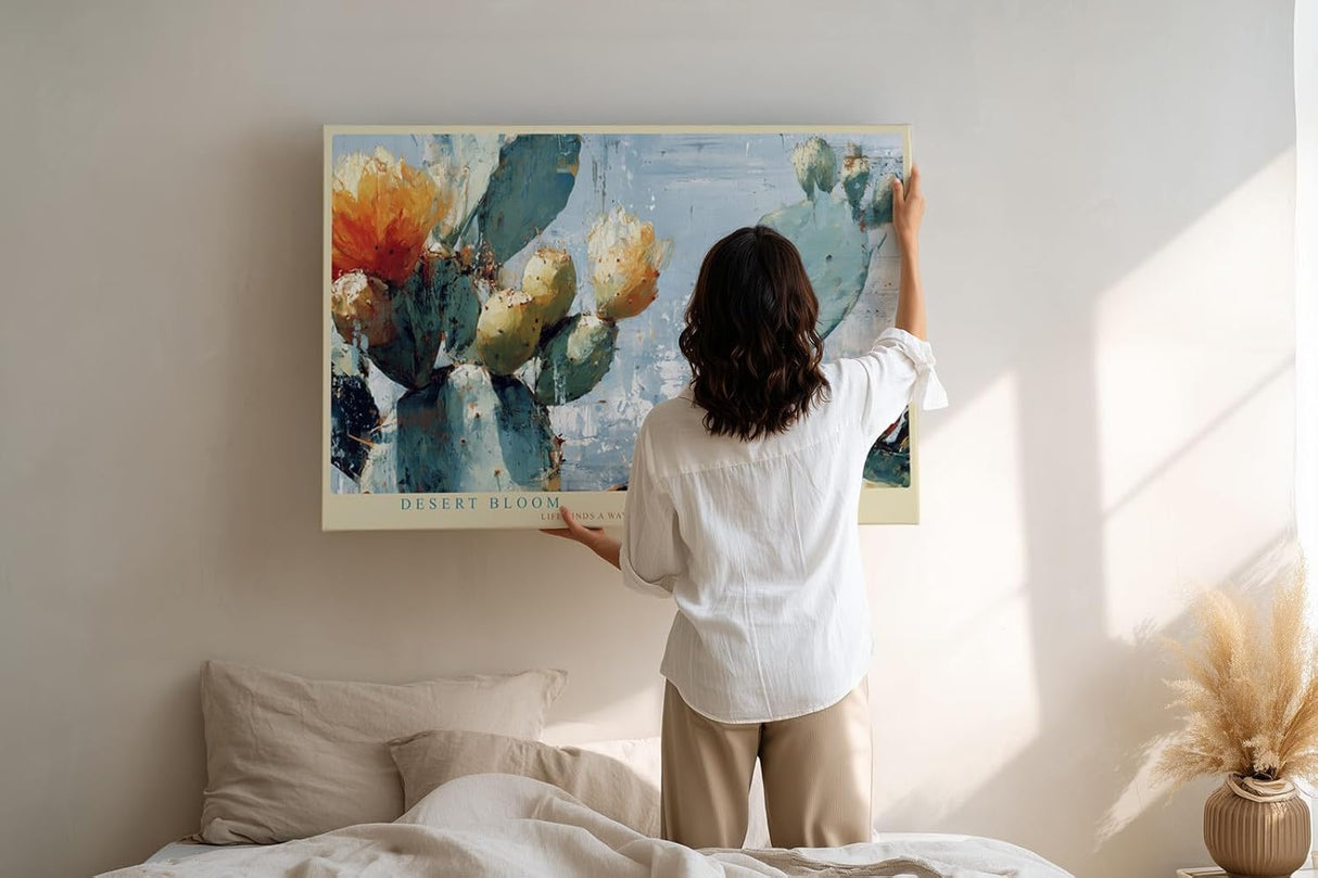Paul Sinus Wandbild 120x80cm Kaktus Bluete Wuestenpflanze moderne Naturmalerei blau gruene Toene florale Kunst Wanddekoration fuer Wohnzimmer Büro