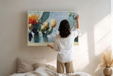 Paul Sinus Wandbild 120x80cm Kaktus Bluete Wuestenpflanze moderne Naturmalerei blau gruene Toene florale Kunst Wanddekoration fuer Wohnzimmer Büro