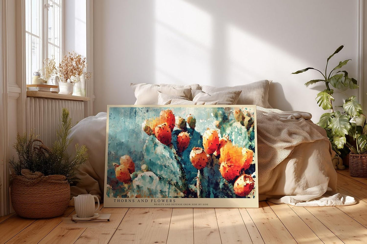 Paul Sinus Wandbild 120x80cm Kaktus Fruechte abstrakte Pflanzenmalerei warme orange gruene Farben moderne Naturkunst Wanddekoration fuer Wohnzimmer Büro