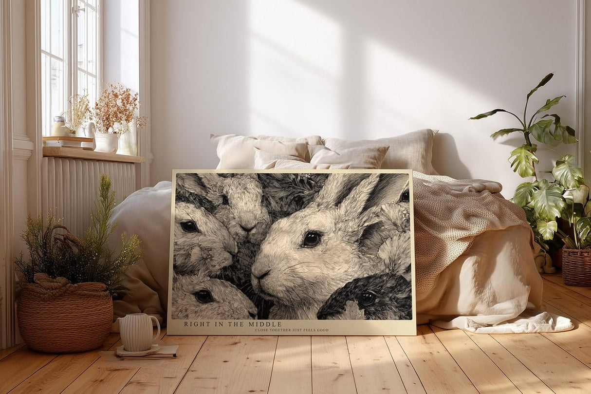 Paul Sinus Wandbild 120x80cm Kaninchen Illustration schwarz weiss Tierkunst Leinwand Wanddekoration niedliches Tiermotiv fuer Kinderzimmer Wohnzimmer