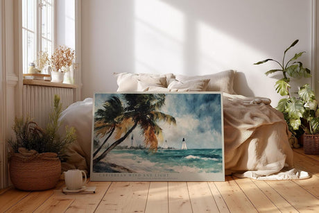 Paul Sinus Wandbild 120x80cm Karibischer Strand Palmen Meer Landschaft Kunstmotiv Tropische Kueste mit bewegten Wellen und Sommeratmosphaere