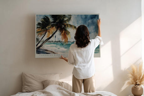 Paul Sinus Wandbild 120x80cm Karibischer Strand Palmen Meer Landschaft Kunstmotiv Tropische Kueste mit bewegten Wellen und Sommeratmosphaere