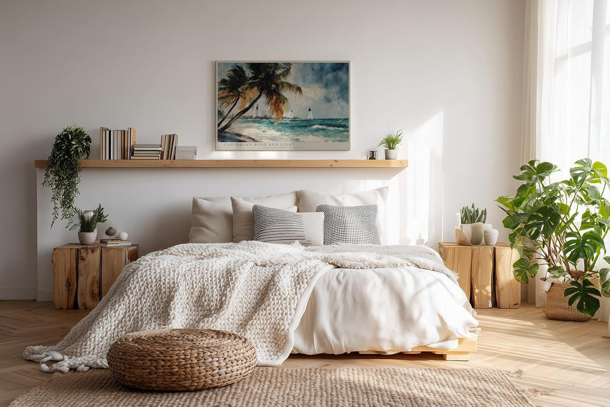 Paul Sinus Wandbild 120x80cm Karibischer Strand Palmen Meer Landschaft Kunstmotiv Tropische Kueste mit bewegten Wellen und Sommeratmosphaere