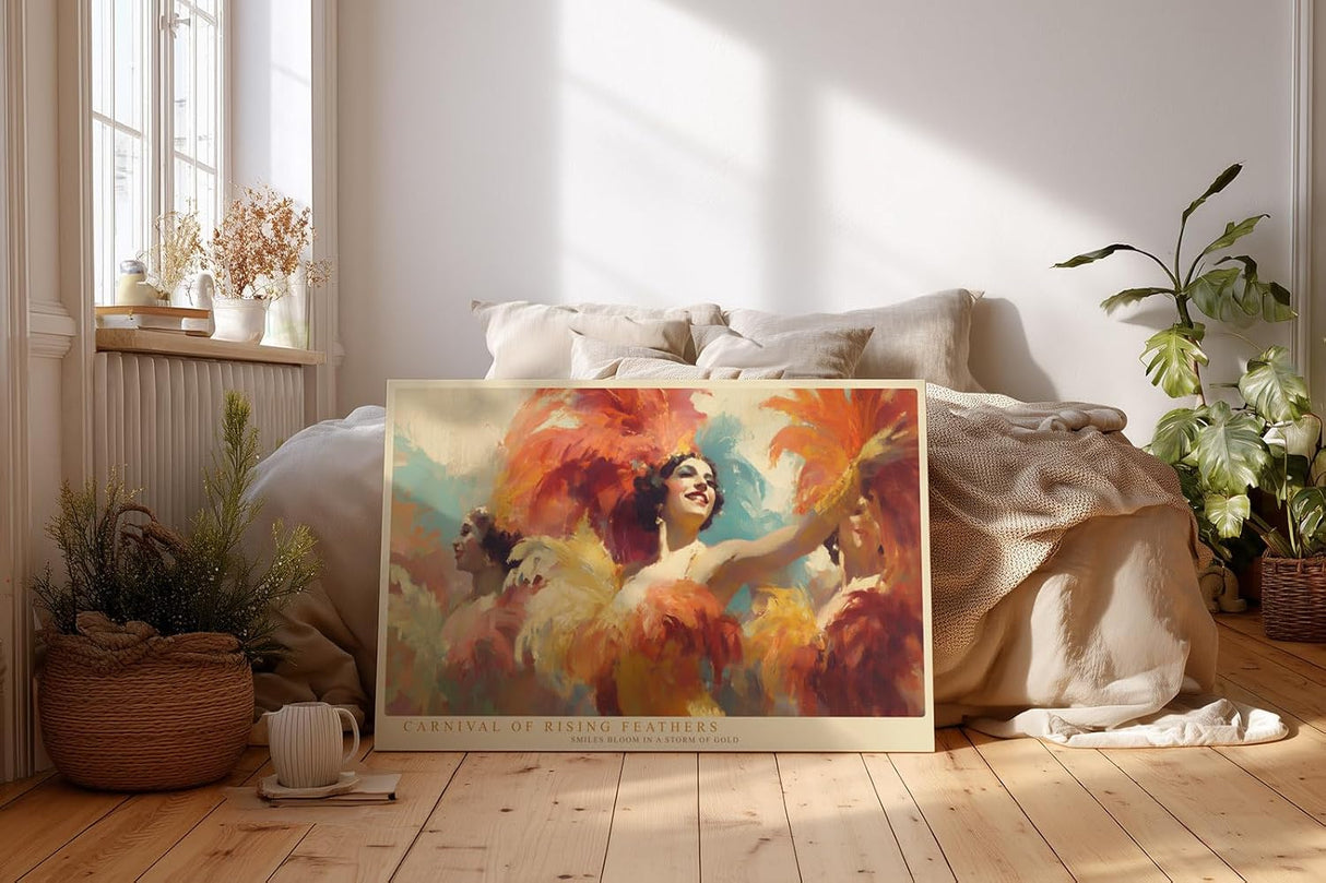 Paul Sinus Wandbild 120x80cm Karneval Taenzerinnen mit Federkostuemen Lebendige Festkunst in Rot Gold und Orange