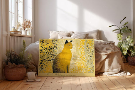 Paul Sinus Wandbild 120x80cm Katze moderne Tierkunst gelb schwarzes Punktmuster stilvolle Katzen Illustration Wanddekoration fuer Wohnzimmer Büro