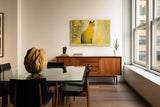 Paul Sinus Wandbild 120x80cm Katze moderne Tierkunst gelb schwarzes Punktmuster stilvolle Katzen Illustration Wanddekoration fuer Wohnzimmer Büro